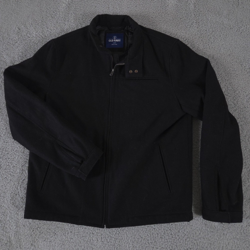 Old Navy Jacket Mens Large Black Bomber Wool Chinstrap Full Zip Quilted Coat Y2K